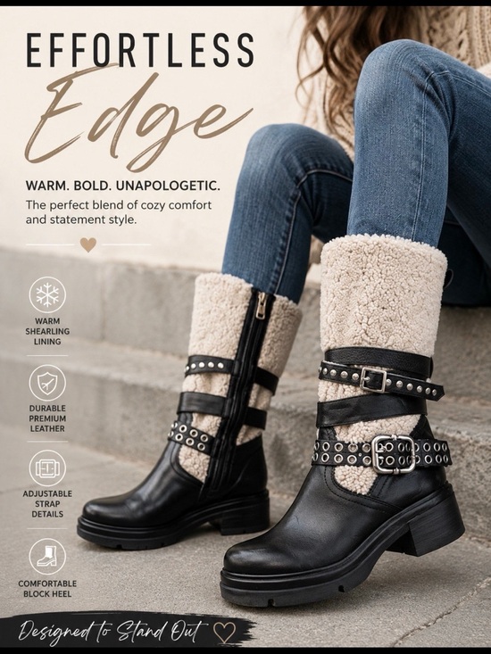 A.S.98 Shoes - A.S.98 Emmons Shearling & Black Leather Moto Boots w/ Buckle Straps, Biker, 8.5